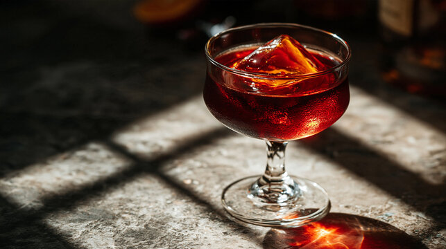 Dark alcoholic cocktail in stemmed glass with ice cube on stone surface