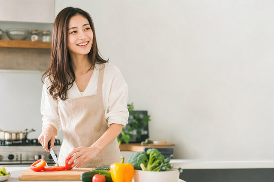 明るいキッチンで野菜を切って料理する女性