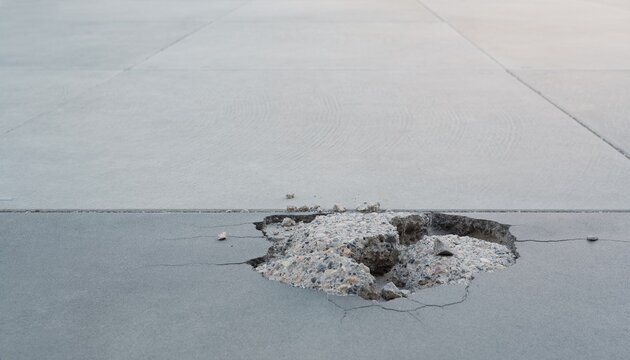 Minimalist landscape of a deteriorating concrete sidewalk with a small area of crumbling and eroded cement.