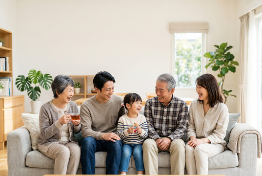 ソファで笑顔で過ごす三世代5人家族