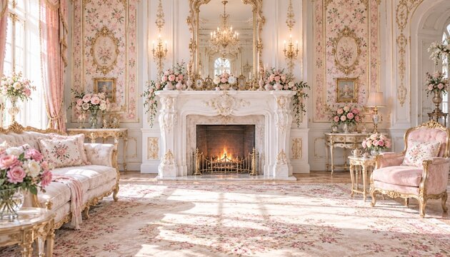 Elegant rococo living room with pink roses and ornate fireplace
