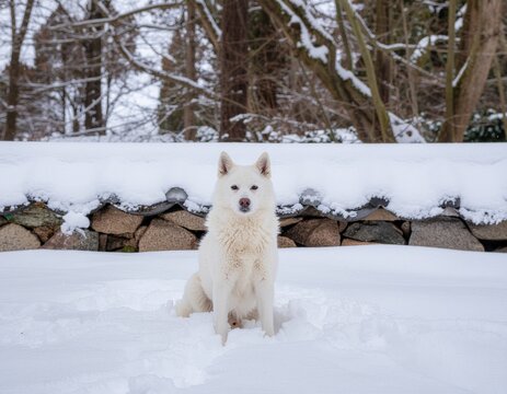 White Korean dog sitting in snow in front of tiled stone wall