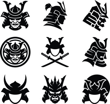 Samurai helmet logo vector icon set featuring traditional japanese warrior armor silhouettes crossed swords katana and shogun mascot emblems