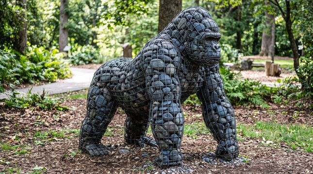 Gorilla sculpture made of river stones inside a wire mesh cage in a lush garden setting