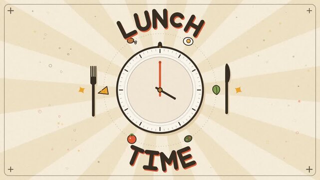 Lunch time animated clock countdown banner with food icons and cutlery graphics