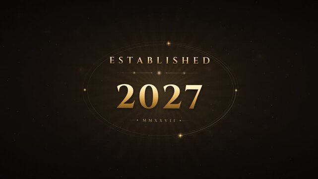 Elegant golden established badge animation with sparkling stars on a dark textured background