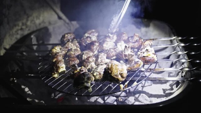 Camping barbecue outdoor. Grill cooking in camping. BBQ on camping bonfire. Lifestyle concept. Grilled mushroom food. Cooking barbecue or BBQ. Food on BBQ grill. Barbecue grill