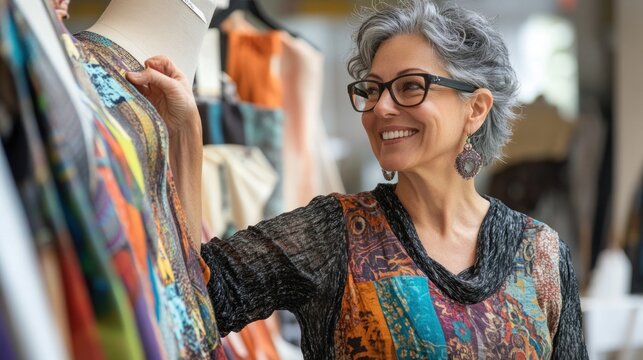 Senior woman browsing fabric in studio