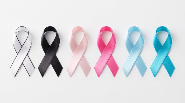 Set of colorful awareness ribbons representing various health causes and social support movements.
cancer awereness