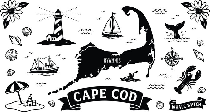 Cape Cod Massachusetts travel illustration elements bundle featuring map silhouette lighthouse lobster sailboat and whale watch graphics