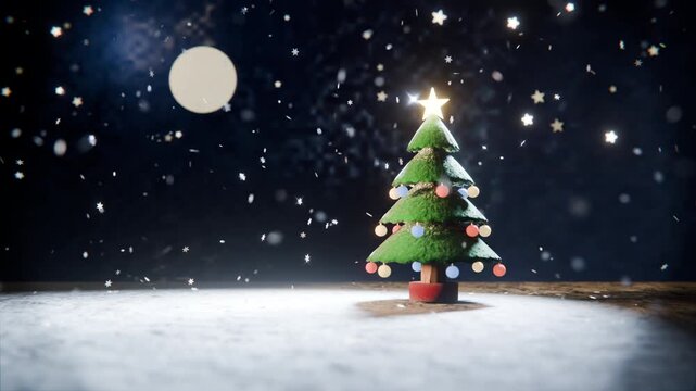 Stop Motion Style Christmas Tree in Falling Snow at Night