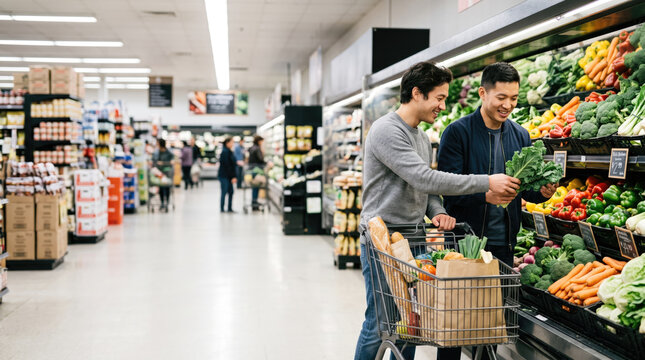 LGBTQ Valentine shopping partners choose fresh produce together in grocery store, sharing warm moment beside cart filled with food.