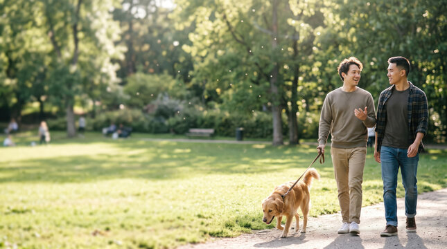 Happy LGBTQ Valentine couple walking golden dog through sunny park, sharing warm conversation and affectionate moment.