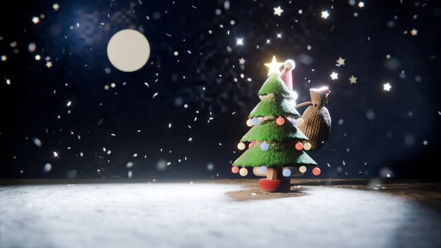 Santa Walking Past a Christmas Tree in Stop Motion Style