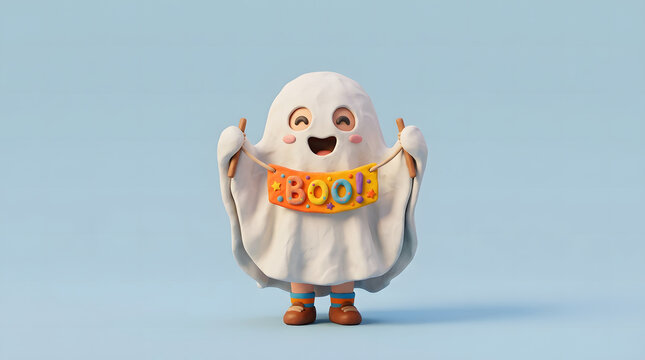 Cute 3D cartoon ghost character holding a colorful 'BOO!' banner, standing on a light blue background, celebrating Halloween.