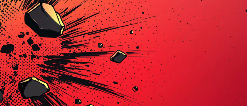 Comic style explosion on red background with flying black rocks and speed lines, featuring halftone dots on the left side