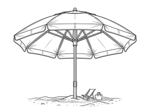 A simple black and white line drawing of a beach umbrella with a chair and bag.