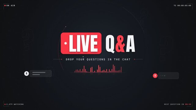 Interactive Live Q and A session screen template with chat prompts and graphics