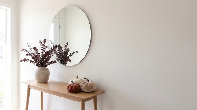 Minimalist Console Table with Round Mirror and Autumn Pumpkin Decor