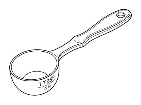 A black and white line drawing of a single tablespoon measuring spoon.