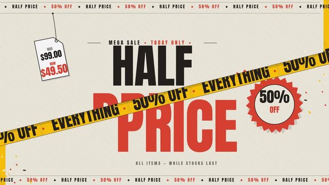 Dynamic half price mega sale promotion animation with scissors cutting banner stock footage