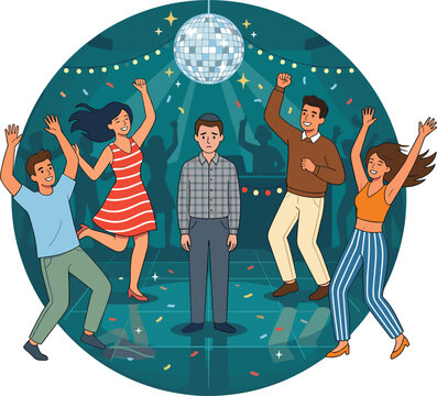 Sad introverted man standing alone in a crowded dance club party surrounded by happy people dancing under a disco ball.