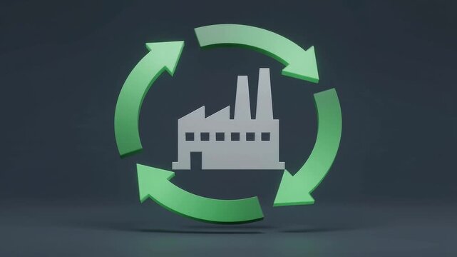 A factory icon enclosed within rotating green circular arrows, symbolizing a circular economy, material lifecycle management, sustainable manufacturing, industrial recycling, and ESG production.