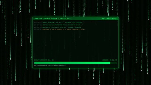 Mesmerizing 4K 30fps animation of cascading green Matrix digital rain code streams, featuring a central brute-force cyber decryption terminal and root access breach confirmation.