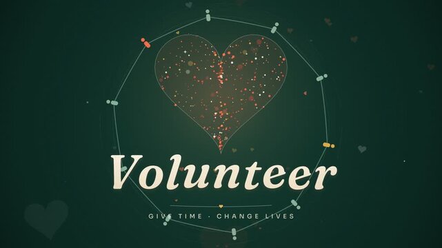 Volunteer animation with glowing heart and giving time change lives typography graphic