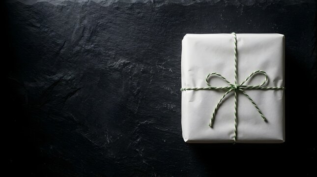 Minimalist white gift box tied with green string on black slate surface