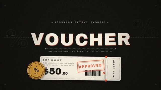 Voucher gift card animation with discount percentage and approved stamp graphic