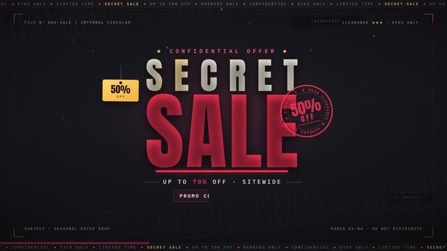 Secret sale confidential promotional banner with red typography and stamp animation