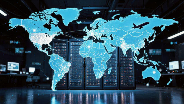Glowing digital world map server rack data center cybersecurity technology network map show global connectivity, secure