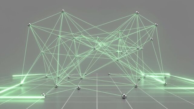 Glowing green laser vectors connecting metallic node spheres to form a complex web grid, symbolizing a global supply chain network, logistics tracking, distribution mesh, and interconnected data nodes