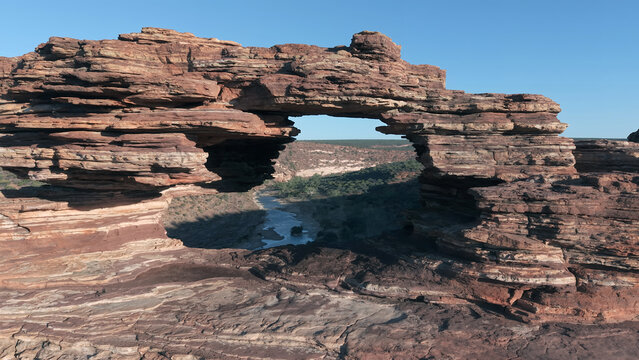 Aerial view of Nature's Window, a natural sandstone arch framing the Murchison River in Kalbarri National Park, Western Australia, Australia.