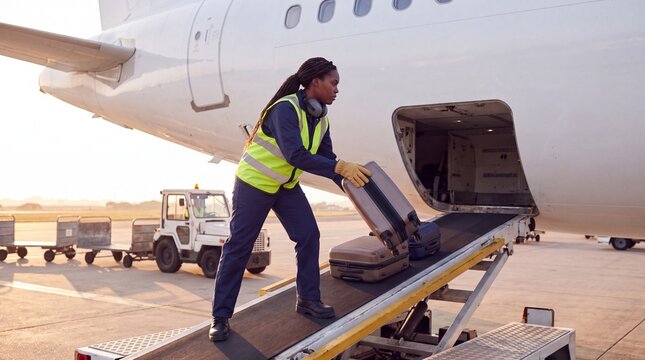 Ramp agent loading luggage into the cargo hold of an airplane for baggage handling and airport operations