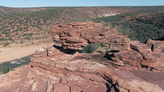 Aerial view of Nature's Window, a natural sandstone arch overlooking the Murchison River in the rugged landscape of Kalbarri National Park, Western Australia, Australia.