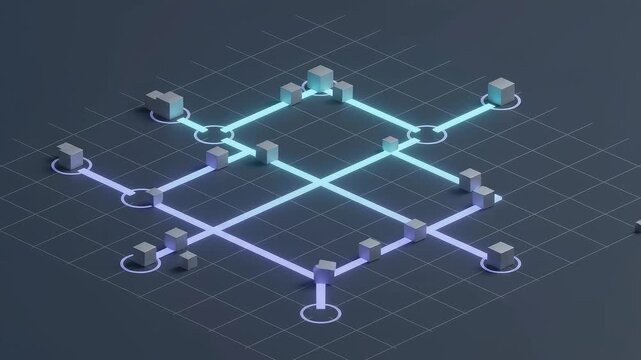 An isometric network grid with glowing cyan and purple pathways connecting block nodes, symbolizing optimized freight tracking, logistics route planning, supply chain mapping, and fleet management.
