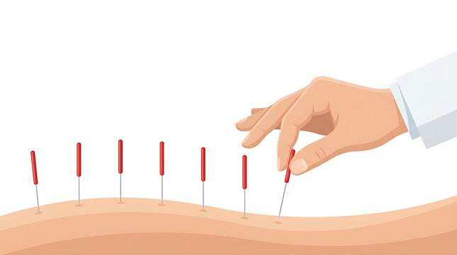 Acupuncture session with thin metal needles inserted into human skin