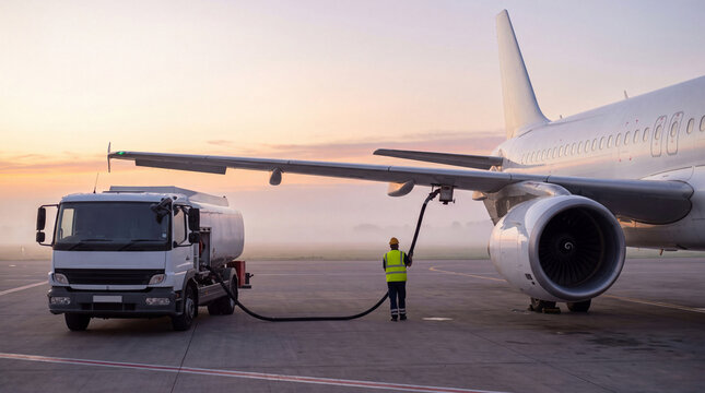Ground crew worker in yellow high visibility vest and hard hat refuelling white airliner from fuel truck at misty sunrise for sustainable aviation fuel and low carbon air travel