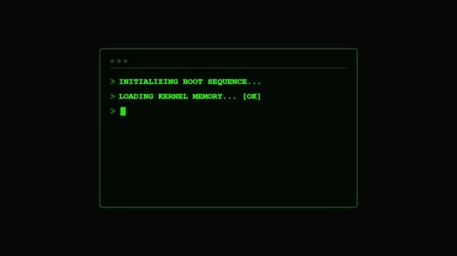 Green retro terminal display showing system boot sequence