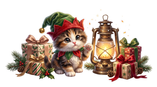 Cute Christmas kitten wearing elf hat, festive holiday cat with vintage lantern, adorable winter pet with wrapped gifts
