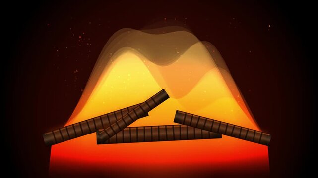 Stylized vector illustration of a cozy campfire with glowing logs and flames against a dark background