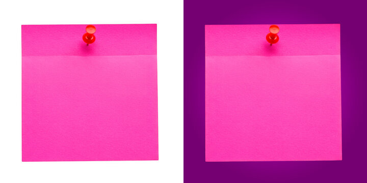 Bright pink square sticky note paper pinned with a red push pin for messages