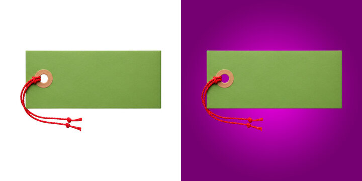 Blank green paper tag with a red string loop as a retail price label