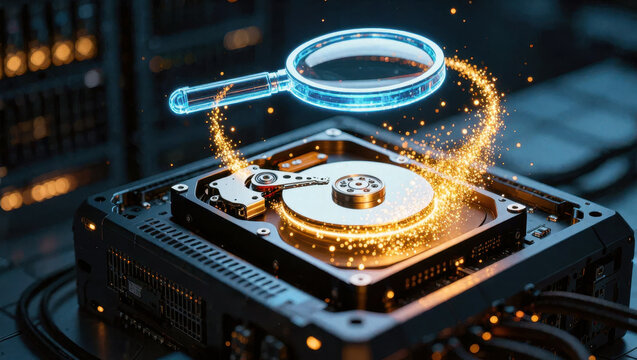 Hard drive data recovery digital storage magnifying glass golden particles computer technology reveal glowing disk drive