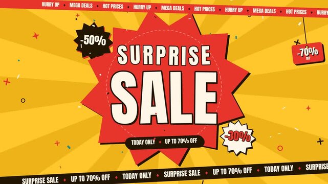 Surprise Sale vibrant promotional vector animation banner with sunburst and discount tags