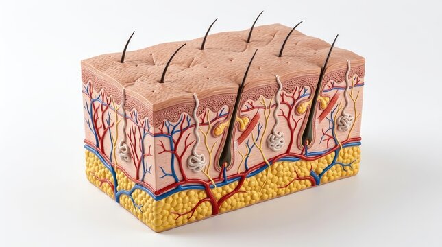 Detailed cross section of human skin layers with hair follicles and glands illustrated in 3d with blood vessels anatomical detail sweat glands