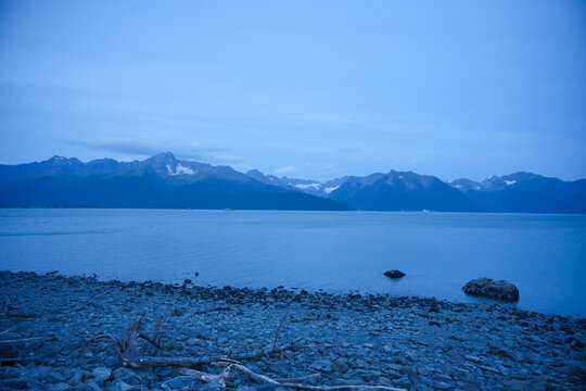 Seward, Alaska, USA: 09 10 2026: Landscape of Alaska Seward harbor port and resurrection bay of pacific ocean at night