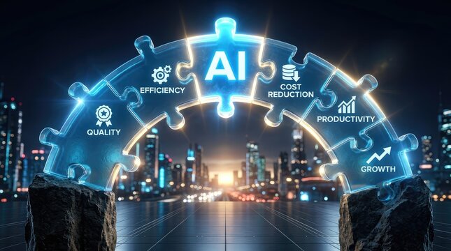 Advanced technology integration boosting business performance in urban night setting with Illuminated puzzle pieces form AI concept emphasizing efficiency